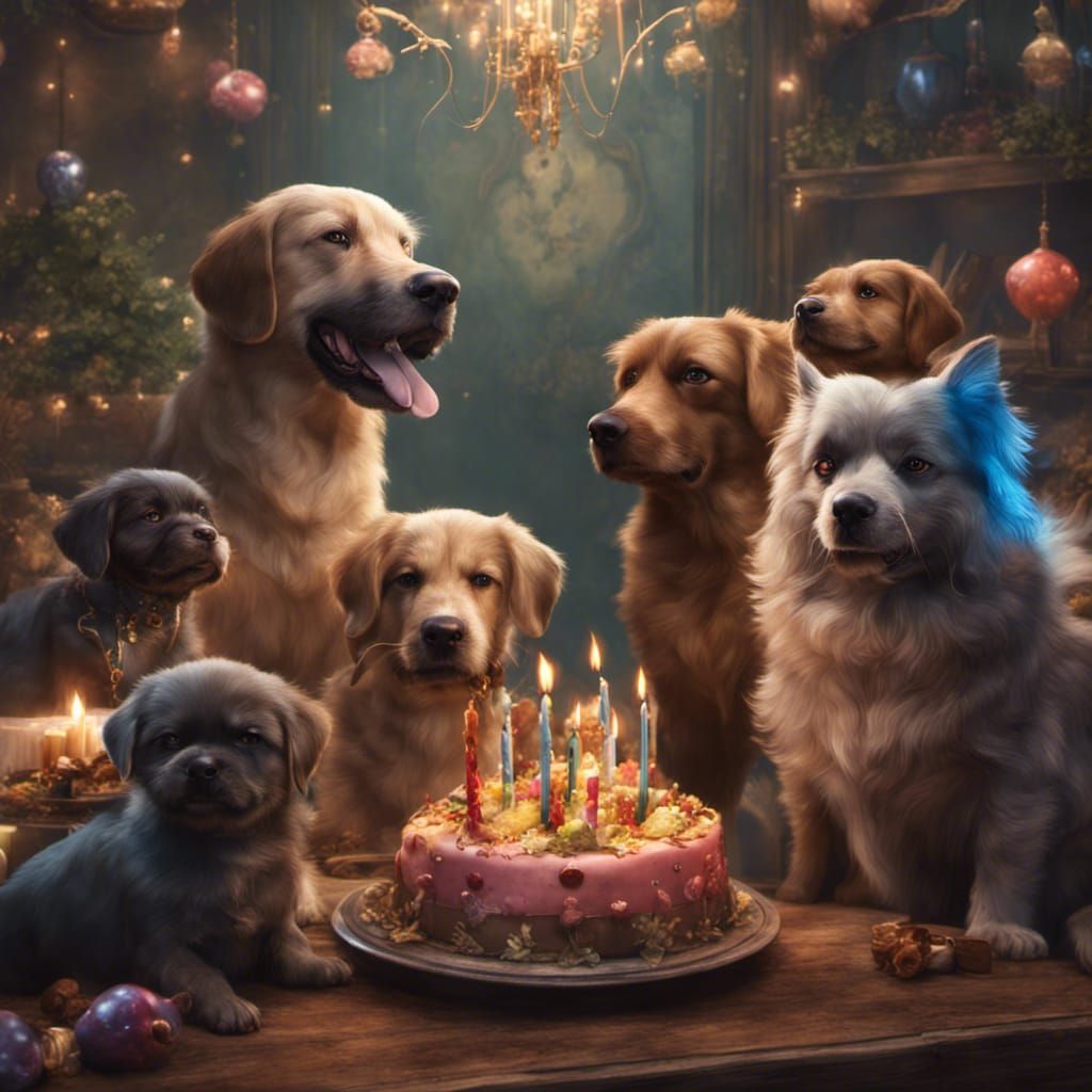 Fantasy Dog Family Celebrates Birthday in Matte Painting