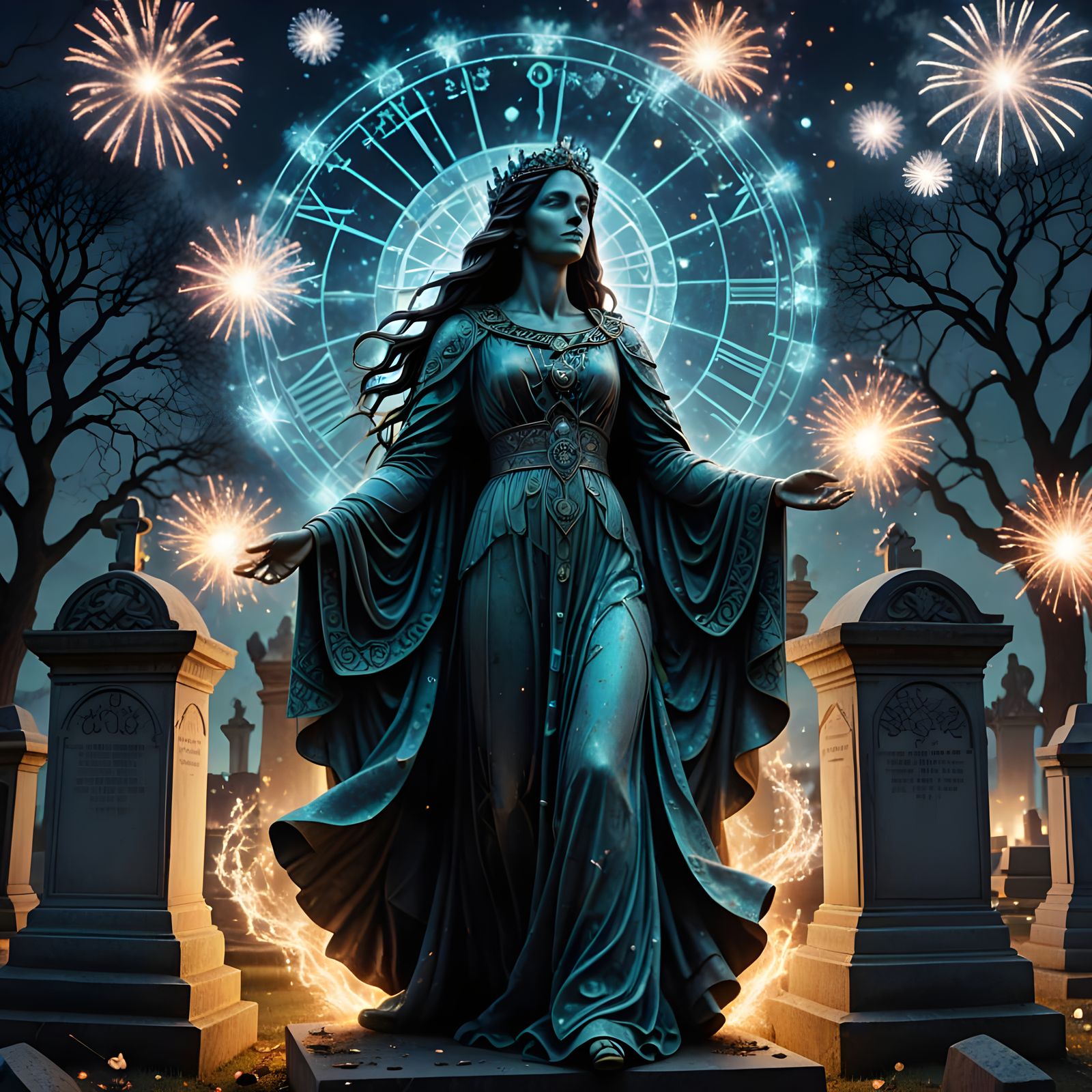 Ghostly Goddess of Time Amidst Fireworks