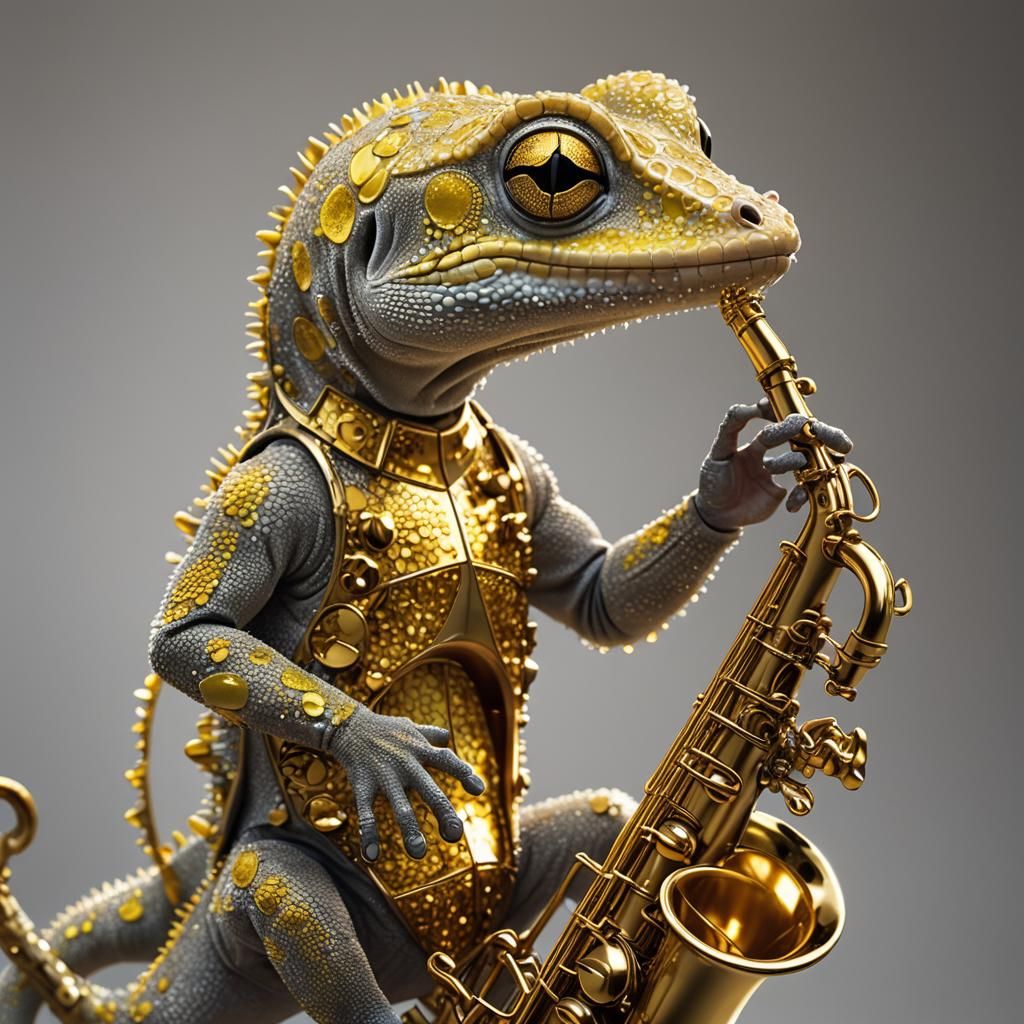 Gecko's Saxophone Serenade: A Hyperrealistic Masterpiece