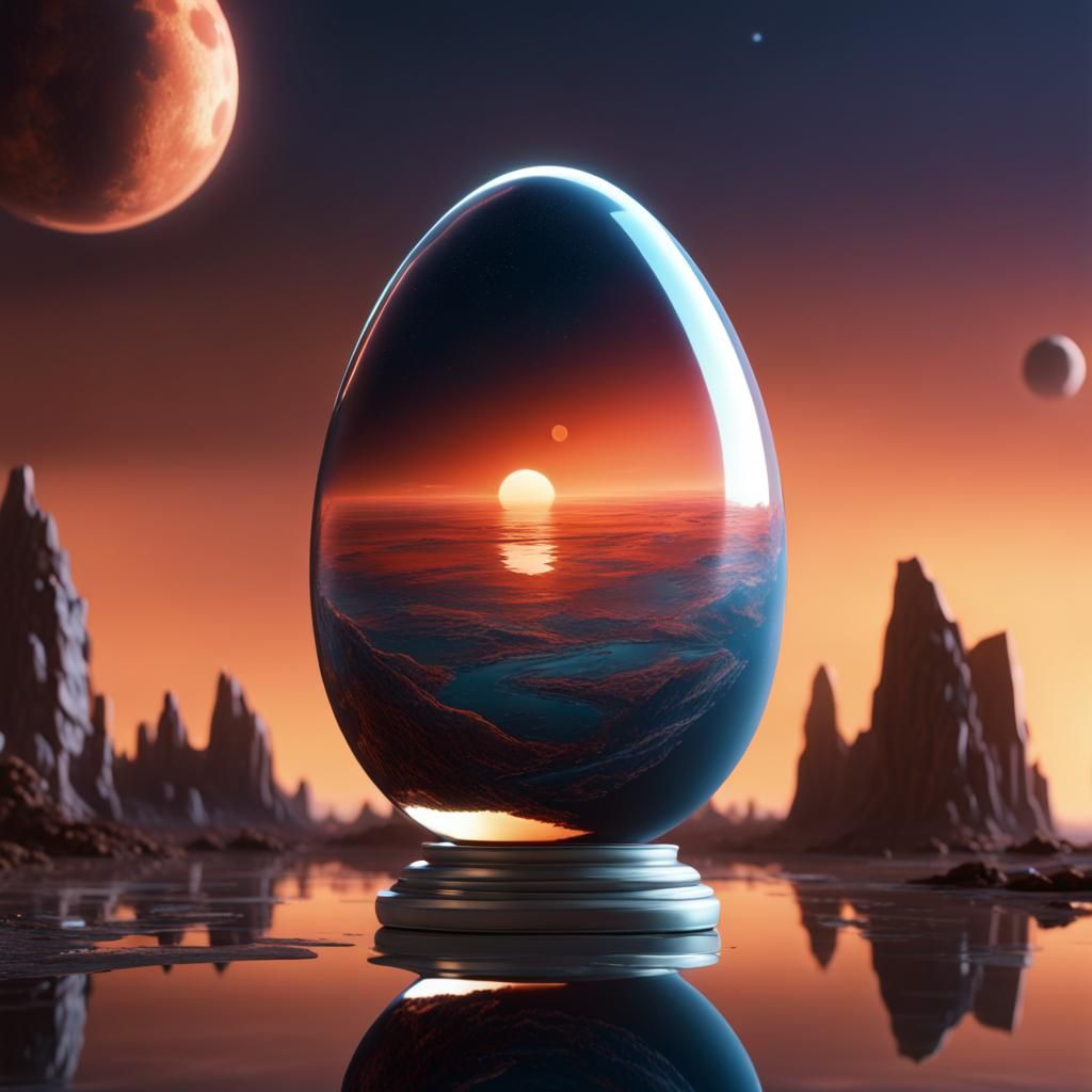 Exoplanet Moonset Reflected in Glass Egg