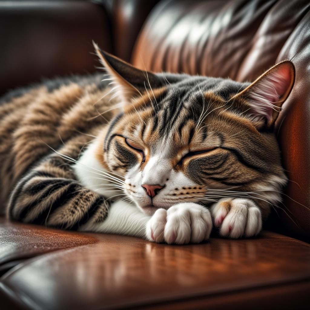 Hyperrealistic Cat Sleeping on Couch in HDR