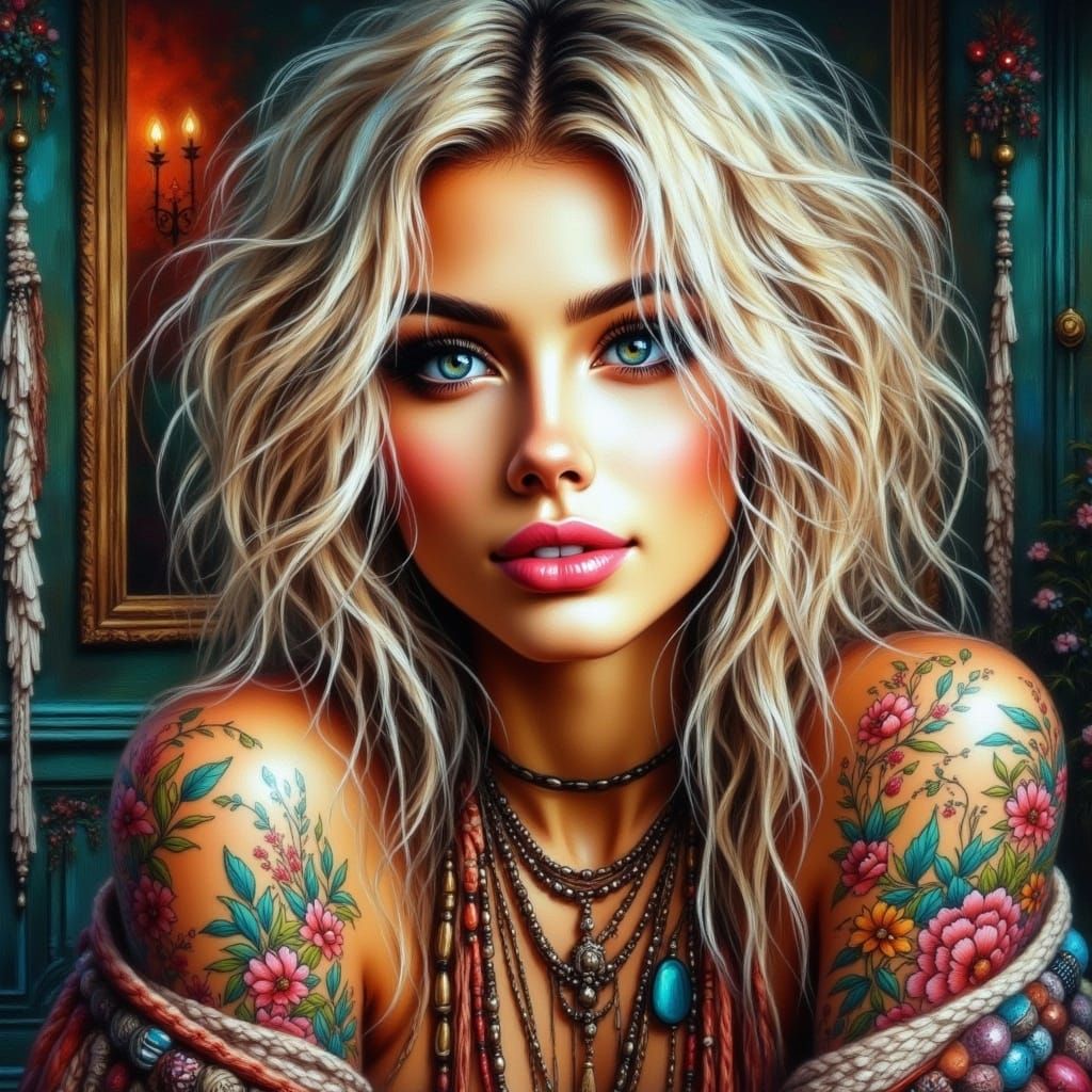 Beautiful Woman with Tattoos in Antique Watercolor Style