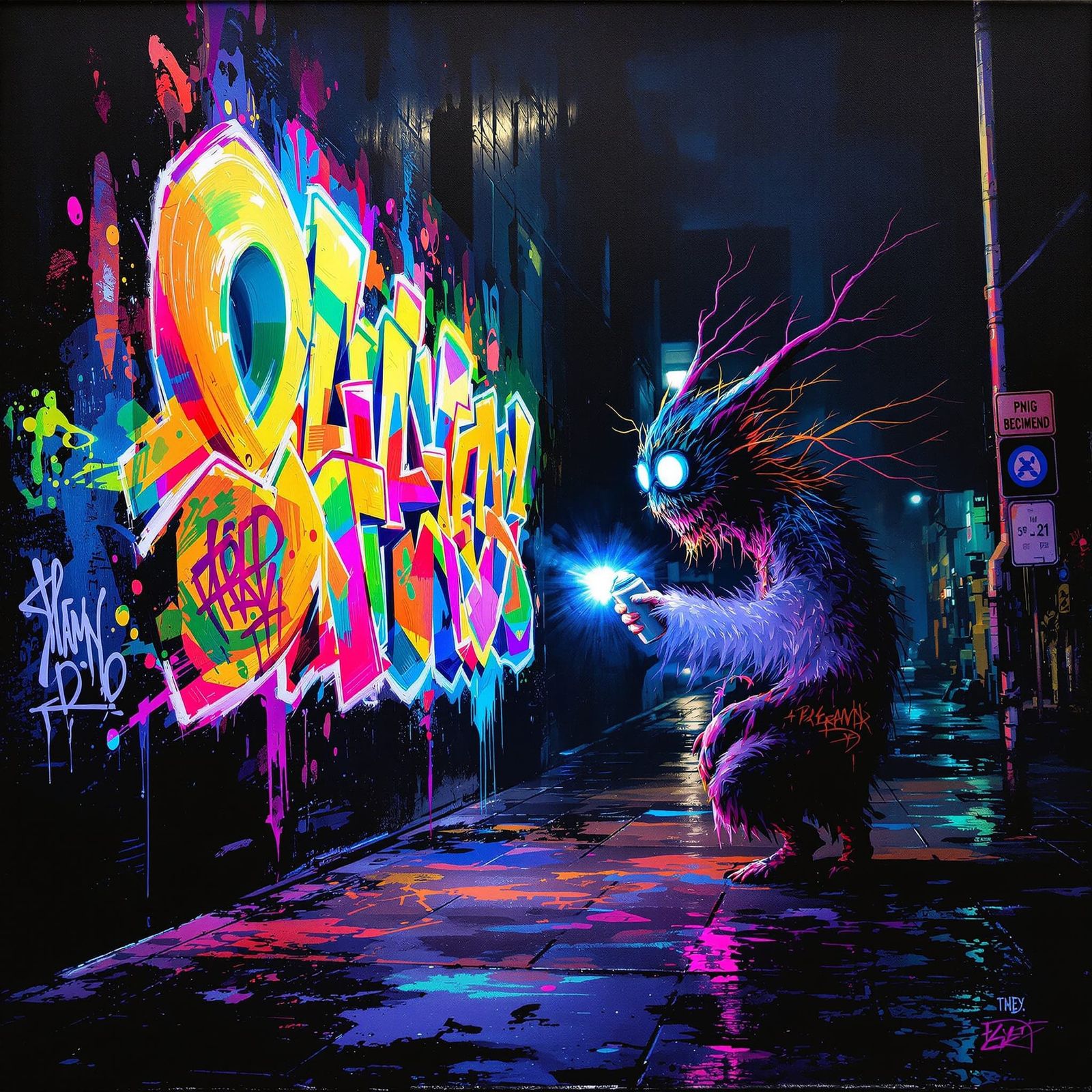 Fantastical Creature Paints Neon Graffiti in Urban Alley