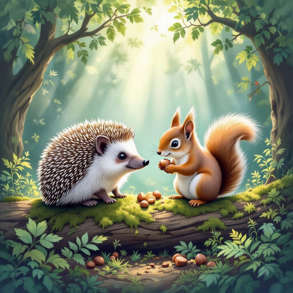 Ethereal Watercolor Forest Scene: Hedgehog & Squirrel