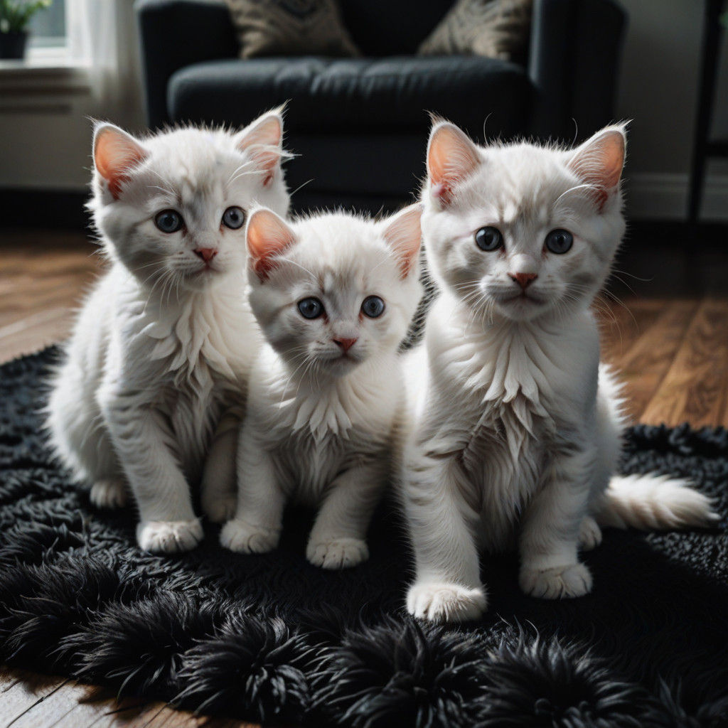 3 Happy Pure White Kittens Play on a Black Rug in a Cinemati...