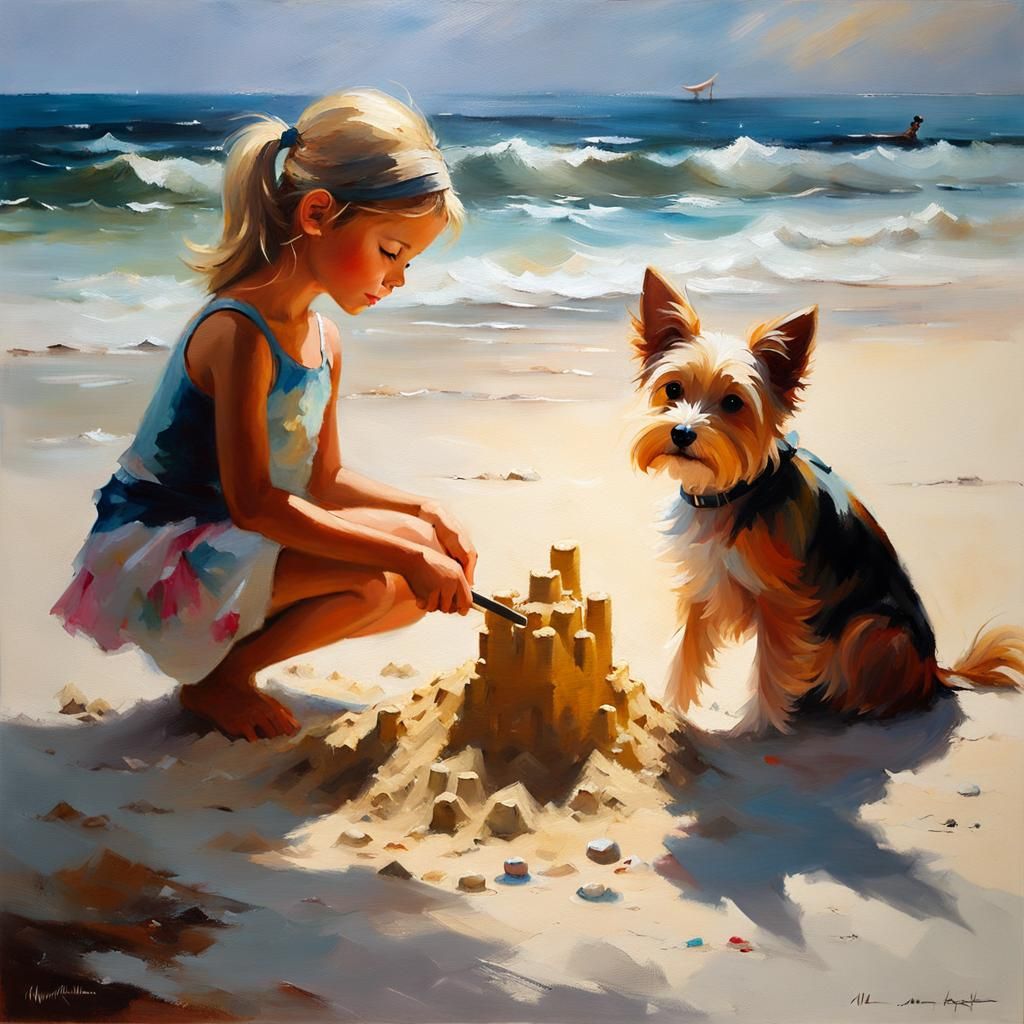 Girl Builds Sandcastle: Impasto Oil Painting