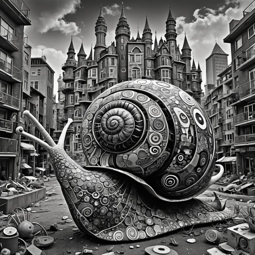 Psychedelic Snail in Black and White Cityscape