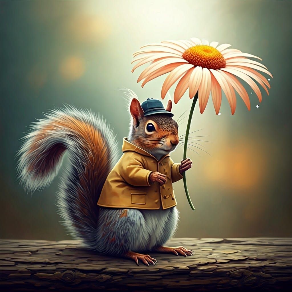 Squirrel Uses Flower as Umbrella in Impressionist Style