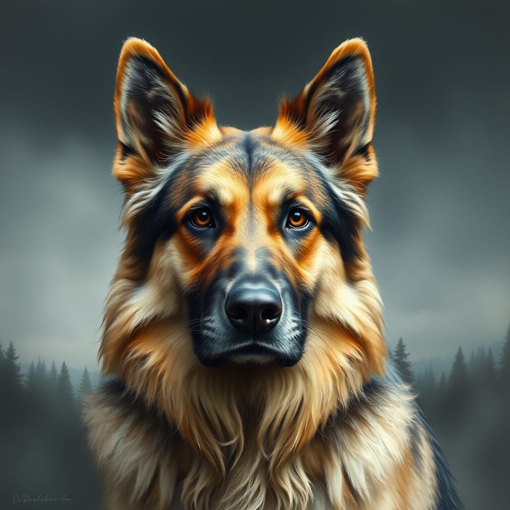 Majestic German Shepherd Silhouetted Against Moody Mountain....