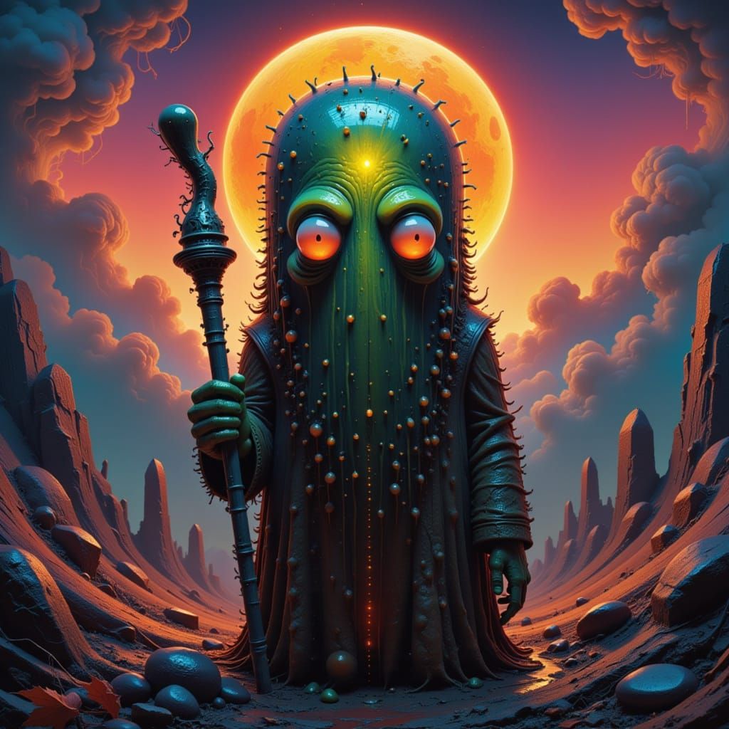 Celestial Hermit Gazing Over Village