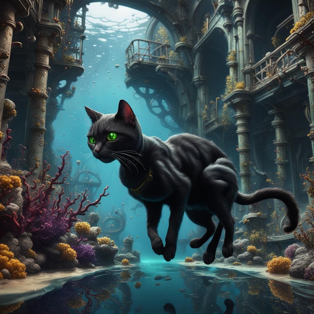 Scuba Diving Black Cat in Detailed Digital Painting