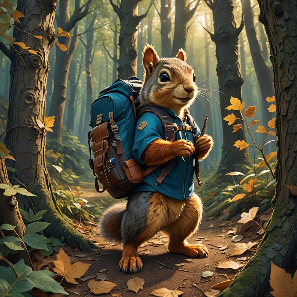 Squirrel's Forest Adventure: Fantasy Art in Warm Light