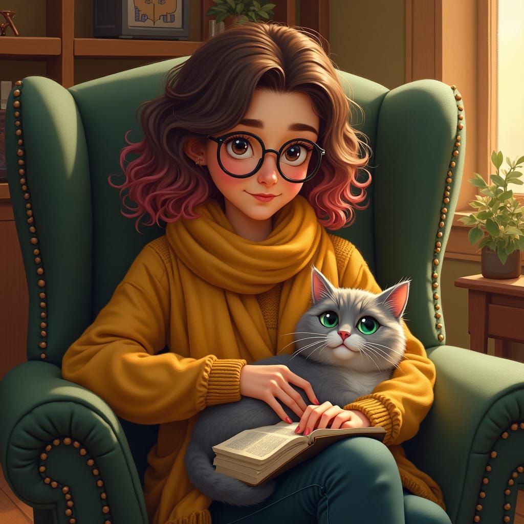 Whimsical Hufflepuff Girl with Cat in Velvet Armchair