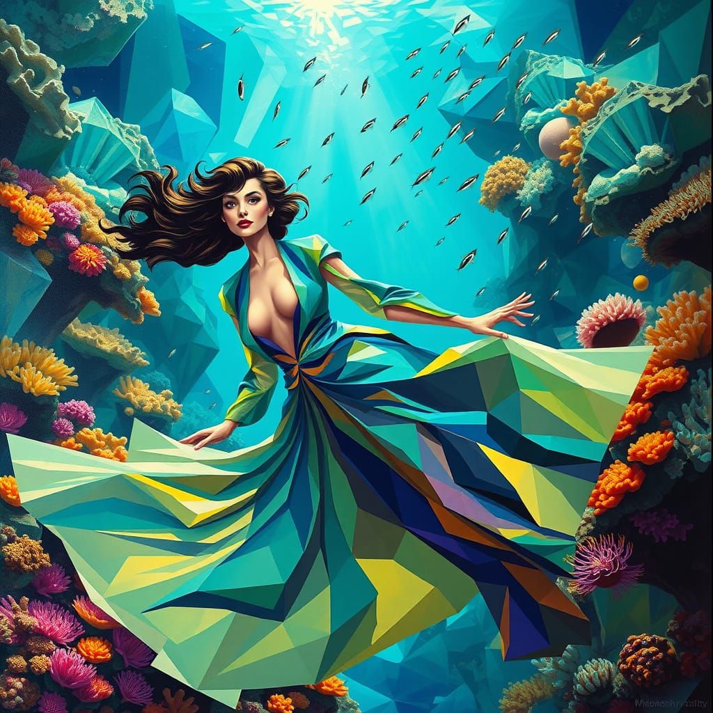 Surreal Neo-Cubist Scene of Woman in Art Deco-Inspired Coral...