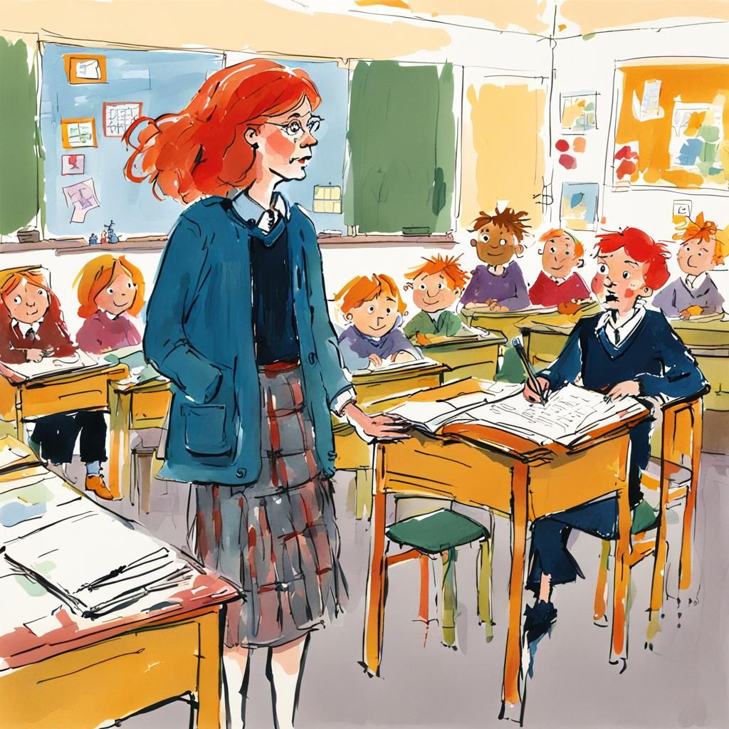 Red-Haired Teacher in Gouache, Quentin Blake Style