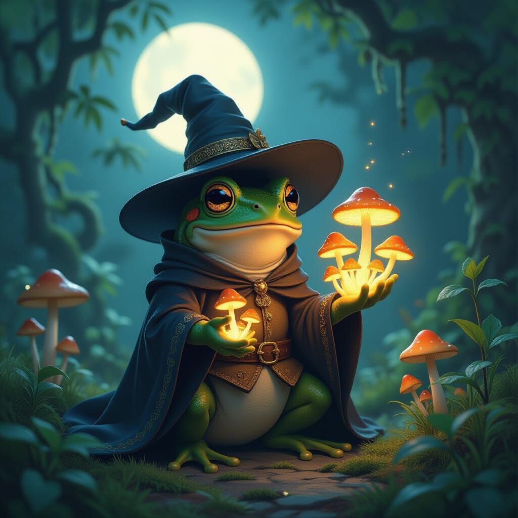 Mischievous Frog Wizard Levitates Glowing Mushrooms