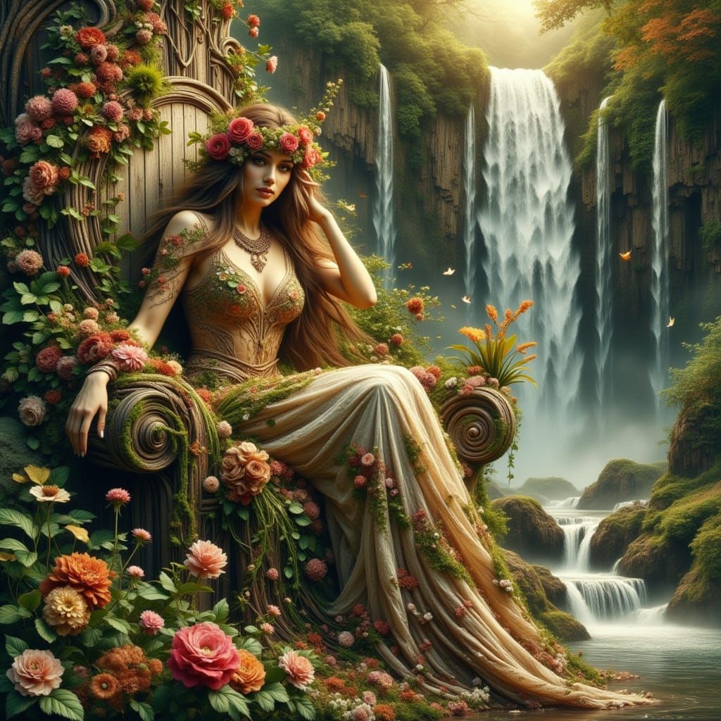 Mother Nature Goddess on Stone Throne in Golden Hour