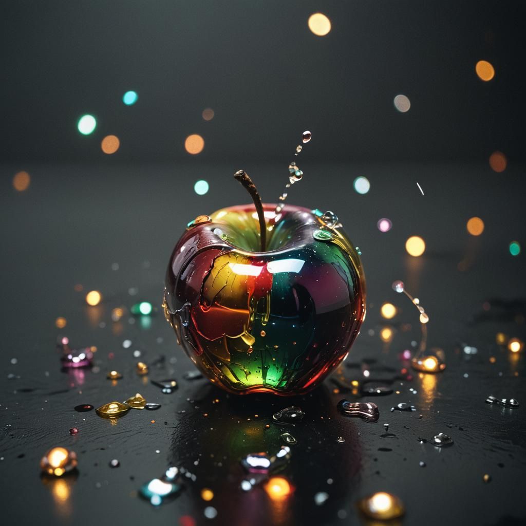 Rainbow Glass Apple Shattering: Cinematic Still