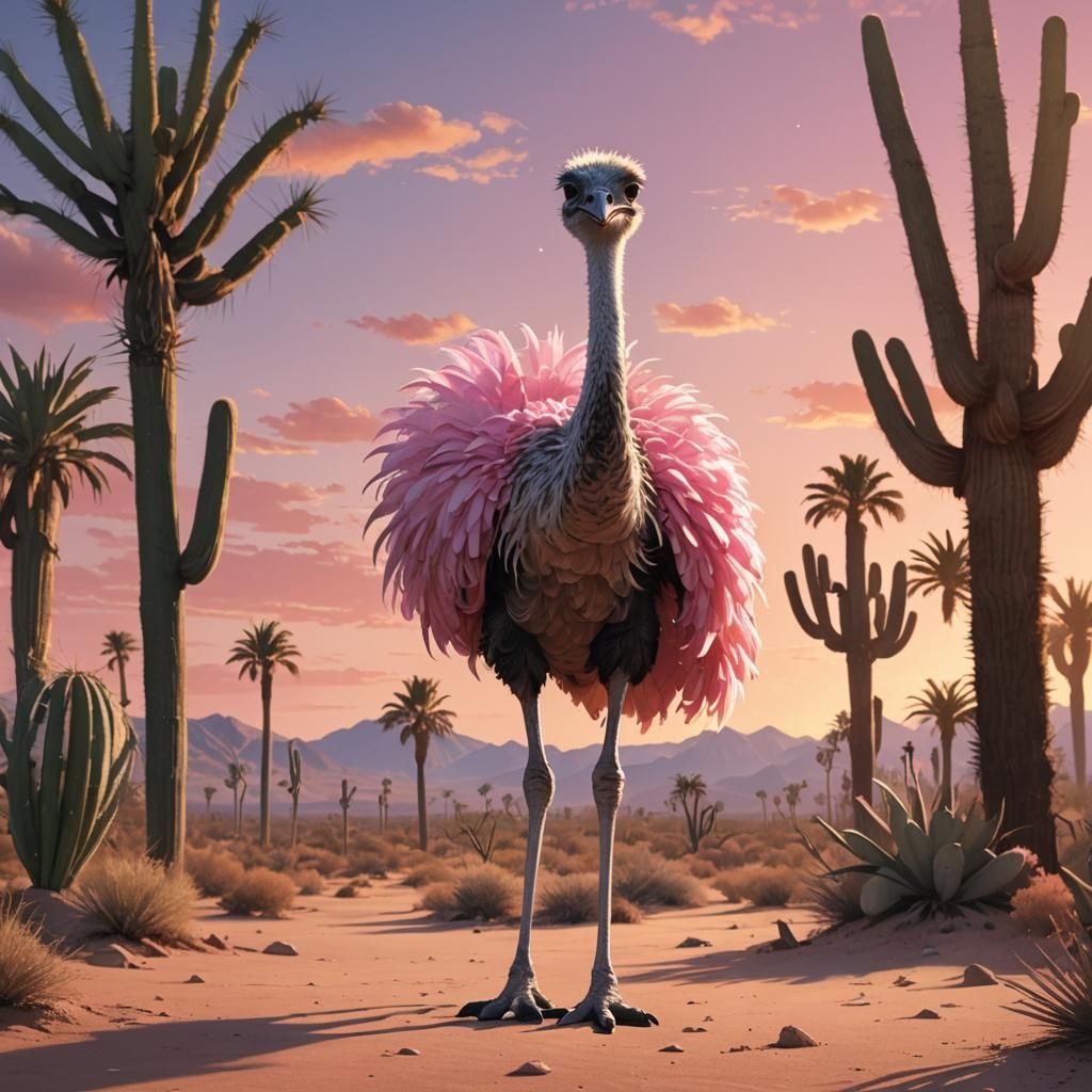 Happy Ostrich in Desert Sunset: 3D Anime Art