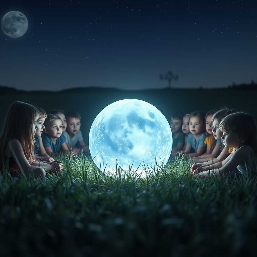 Mystical Children Surround Glowing Orb Under Starry Night Sk...