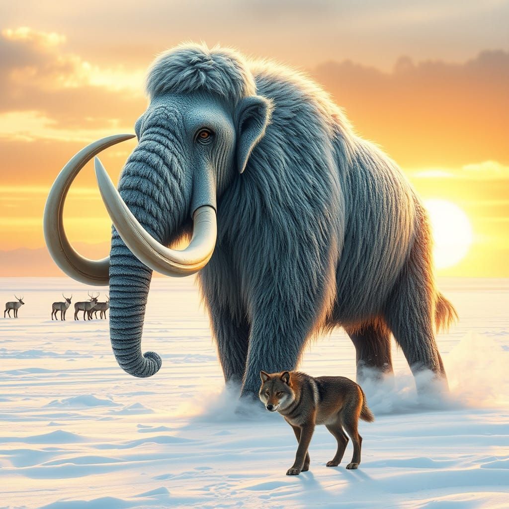 Majestic Woolly Mammoth in Icy Sunset Landscape