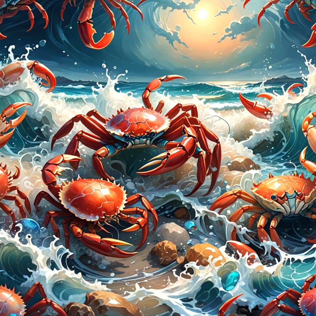 Red Crab and White Prawn on Blue Ocean Beach