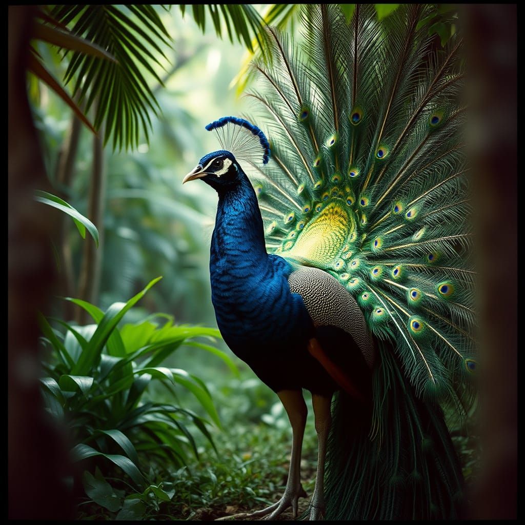 Spectacular Human-Peacock Strut in Jungle, Cinematic Style
