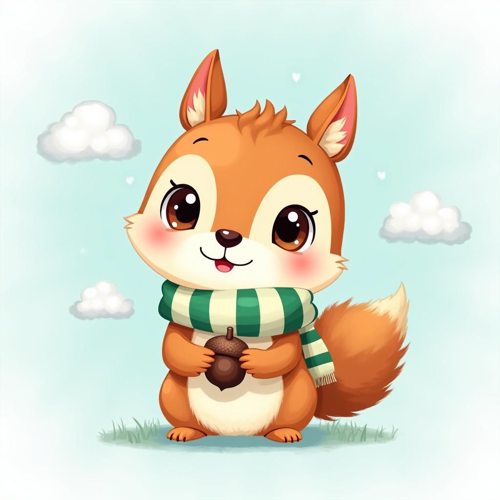 Cartoon Squirrel with Acorn in Sanrio Style