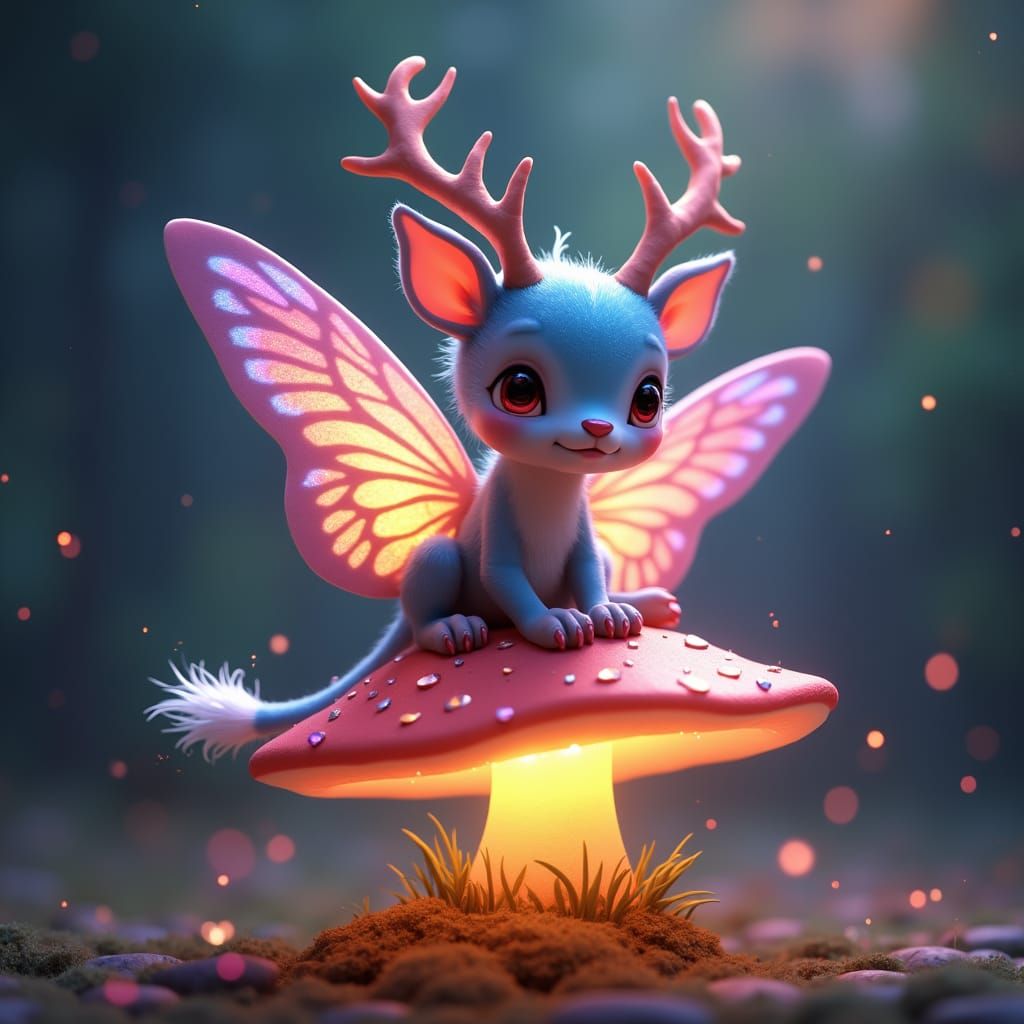 Whimsical Fantasy Creature on Glowing Mushroom