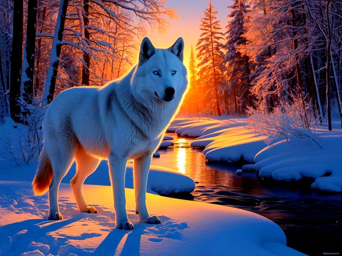 Majestic White Wolf in Winter Forest at Sunset