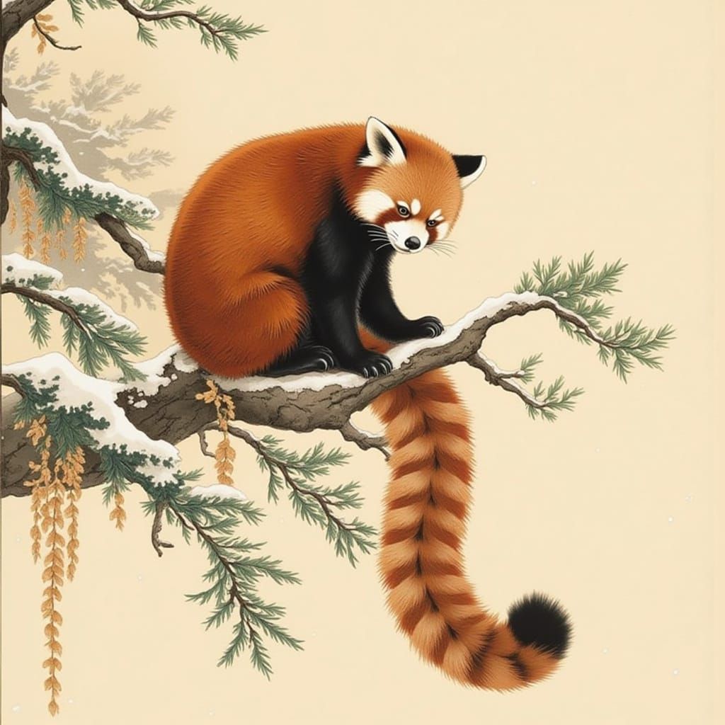 Red Panda on Snowy Branch in Chinese Ink Style