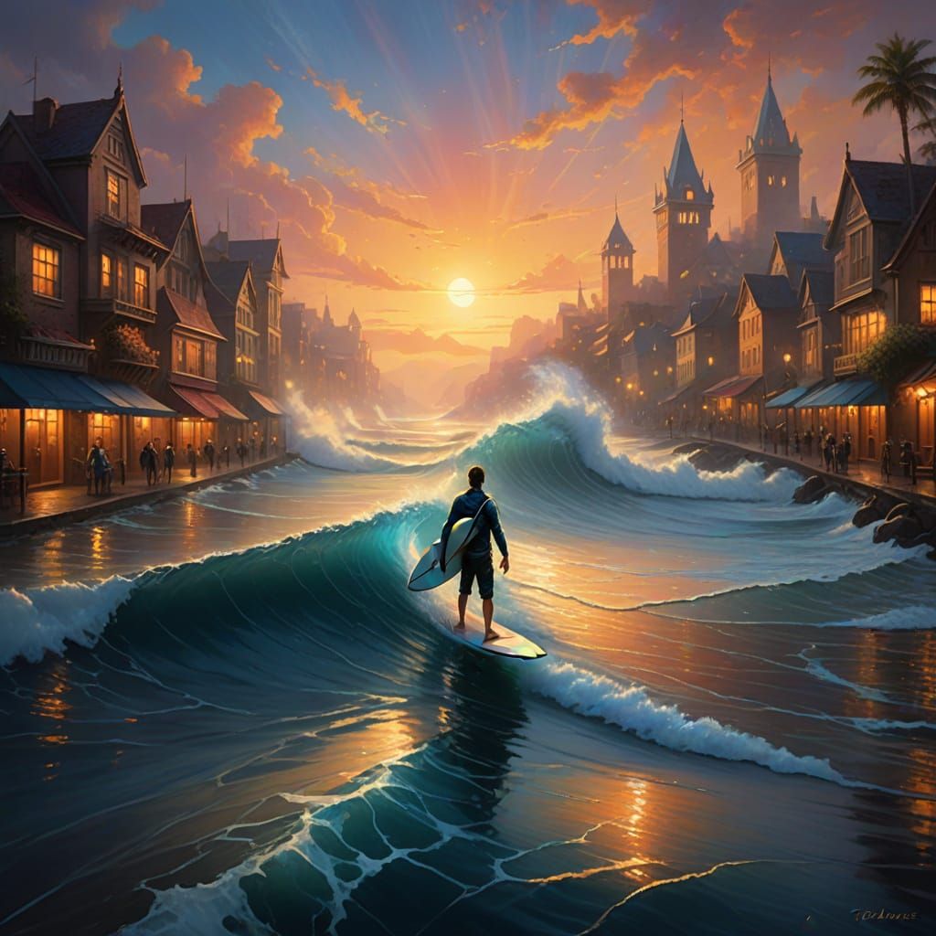Surreal Mystic Surfer Rides Wave in Vibrant, Glowing Citysca...