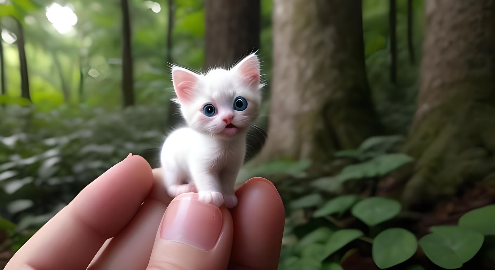 Microscopic White Kitten Laughing in Forest, Photorealistic