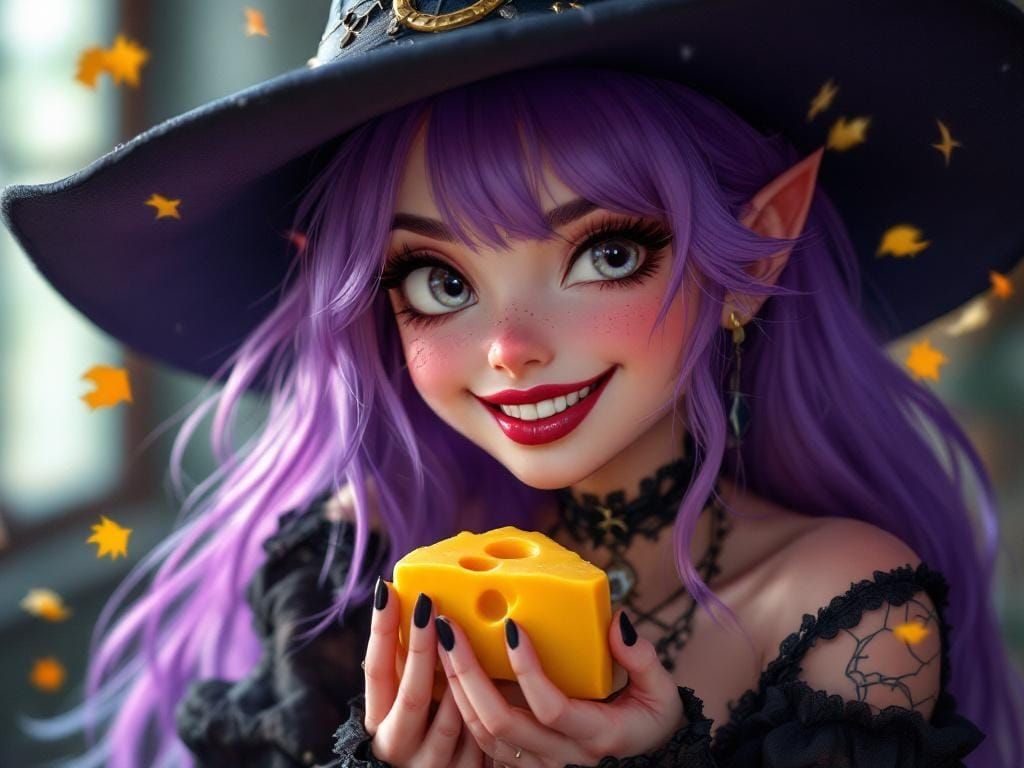 Smiling Gothic Witch Enjoys Cheddar, 3D Anime Art