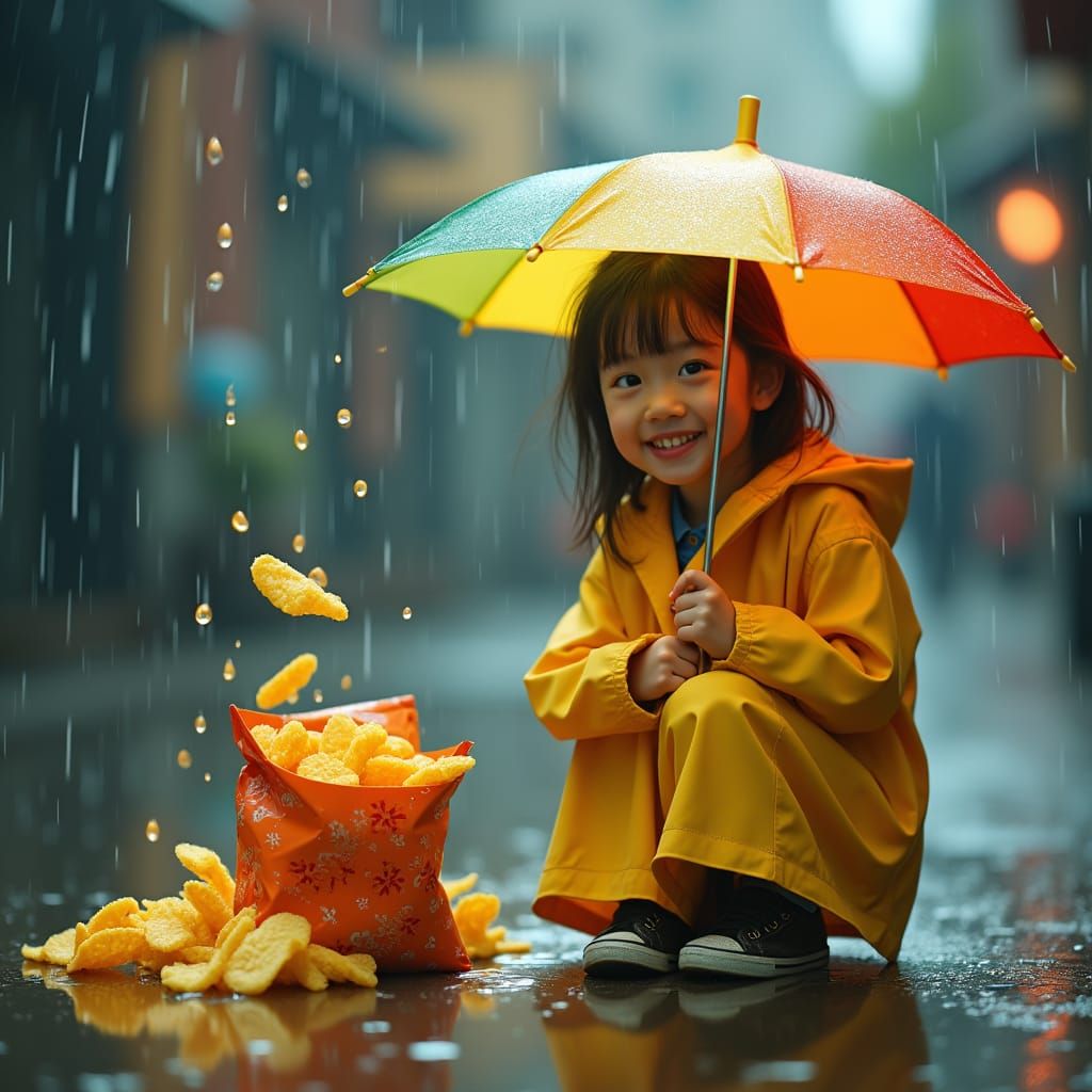 Girl in Raincoat Watching Chips Get Wet