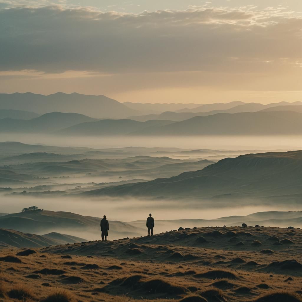 Solitary Figure in Dawn Landscape: Cinematic Film Still