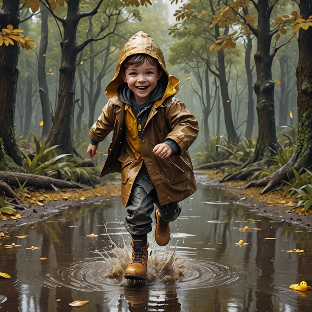 Boy Splashing in Puddles: Detailed Matte Painting