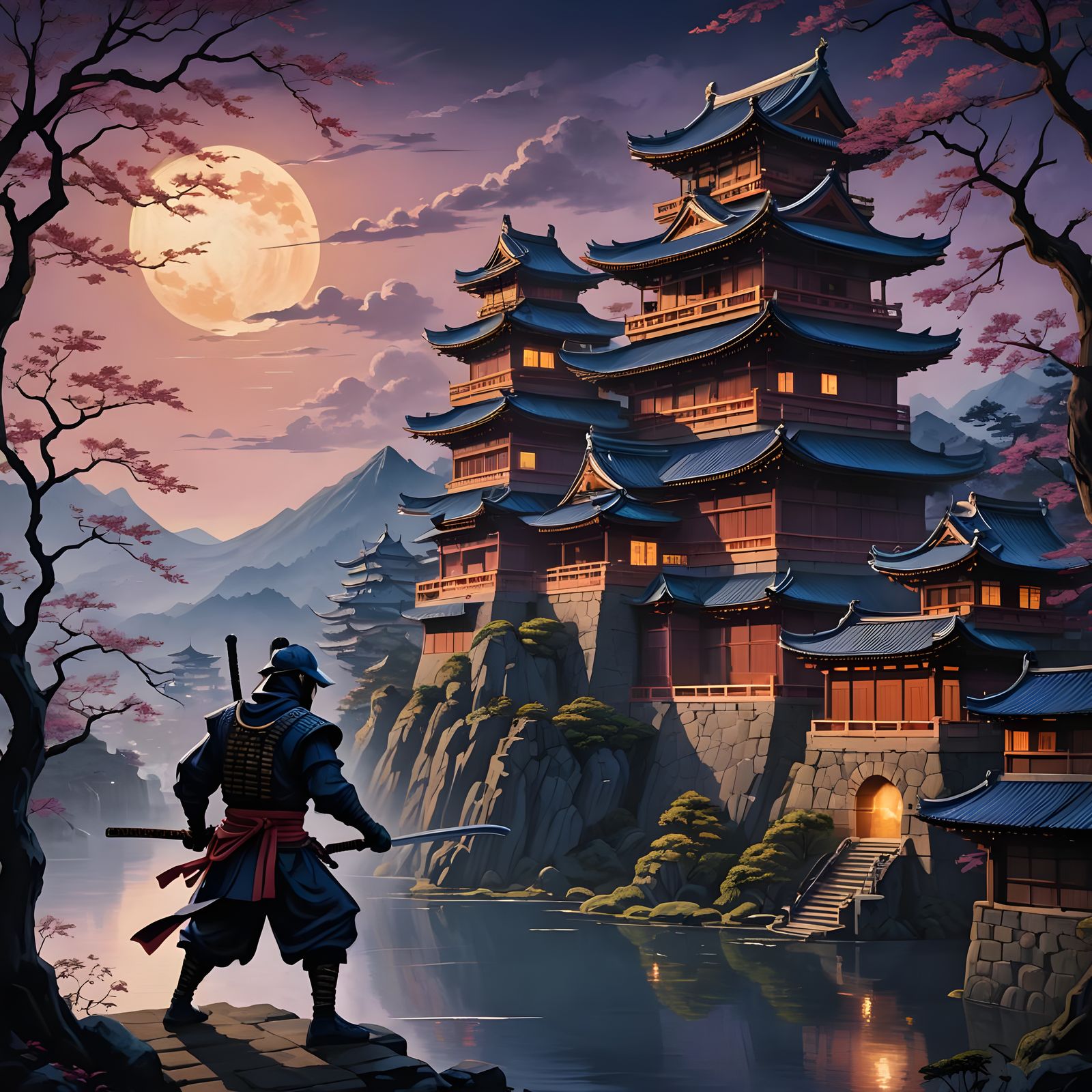 Ninja in Castle Shadows: Hokusai-Inspired Matte Painting