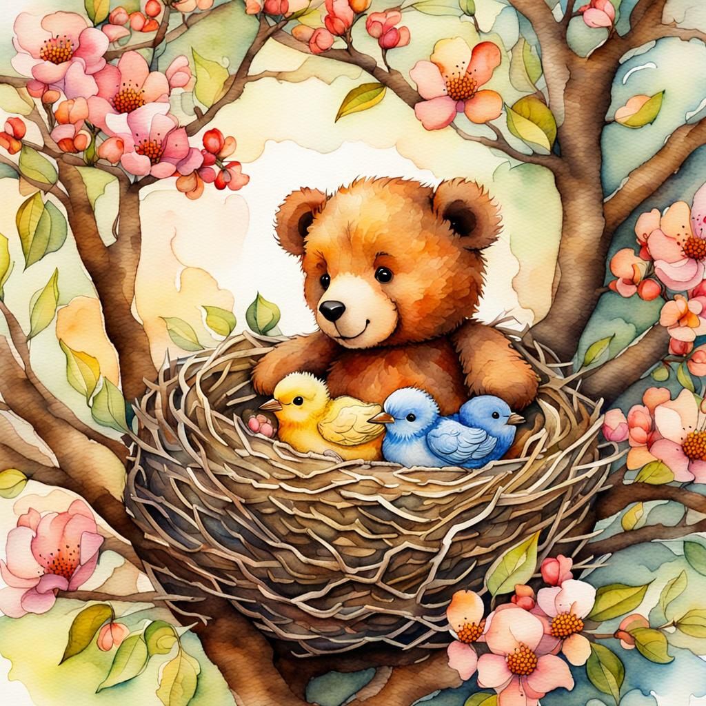 Cozy Bird's Nest: Watercolor Teddy Bear Illustration