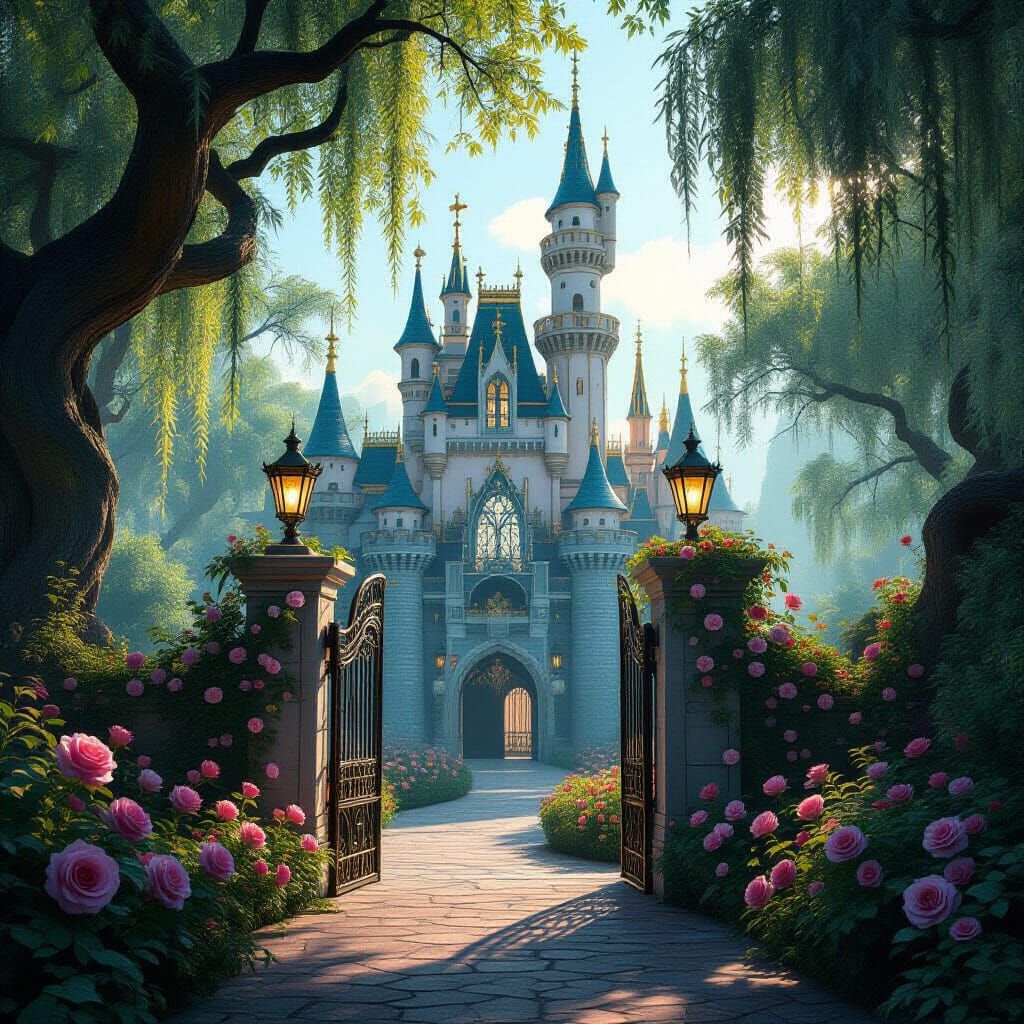 Art Nouveau Enchanted Castle Amidst Luminescent Roses