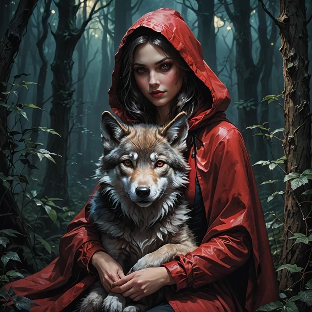 Little Red Riding Hood Cuddling Wolf Cub