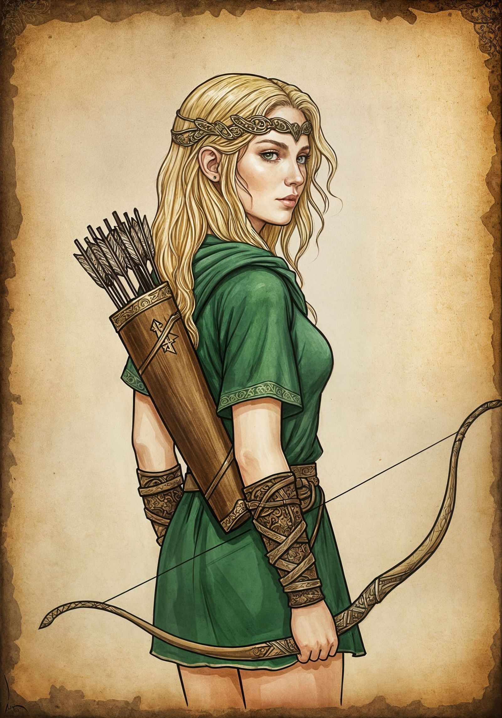 Medieval Maiden in Green Tunic, Ready for Battle