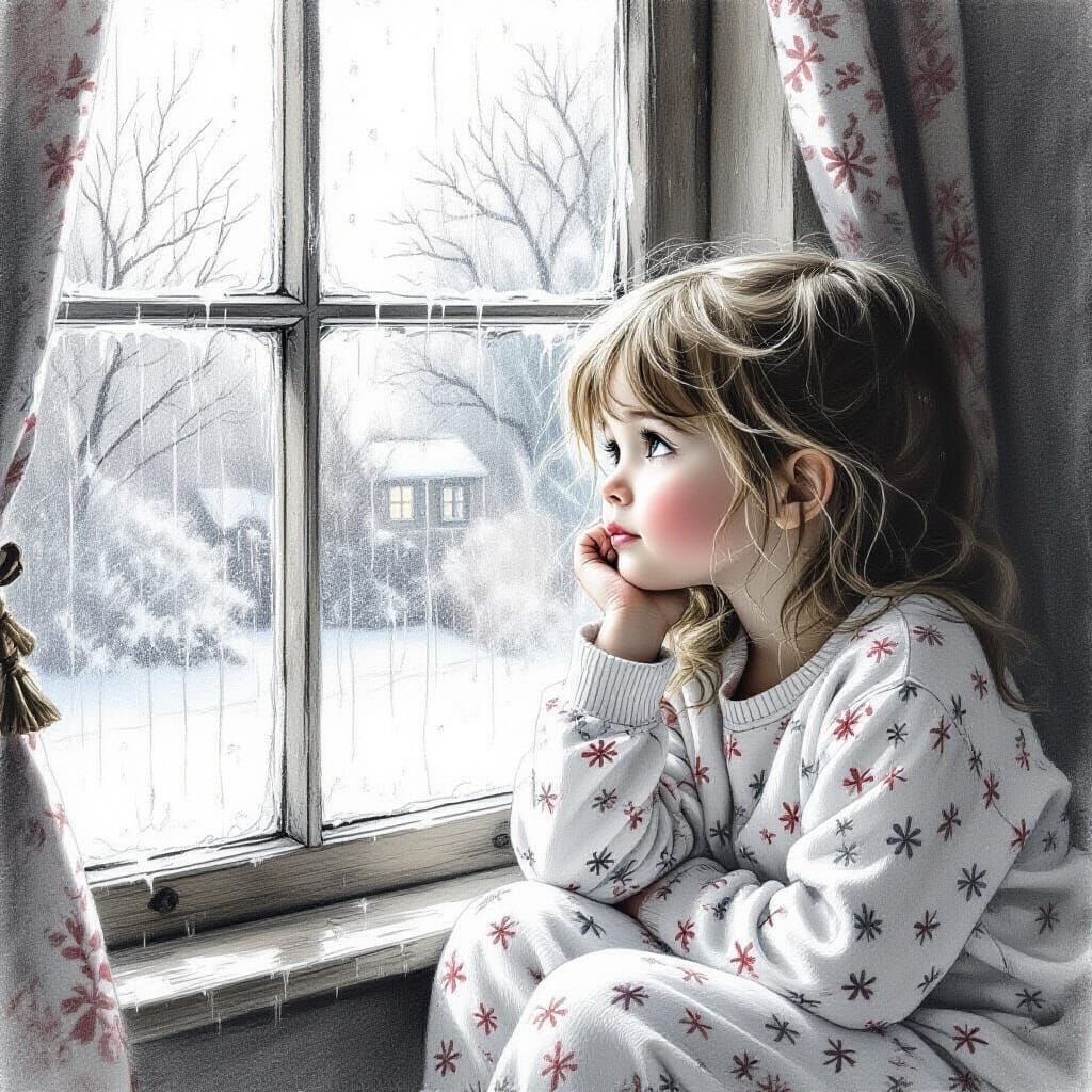 Girl Gazes Out Rainy Window in Pencil Drawing Style