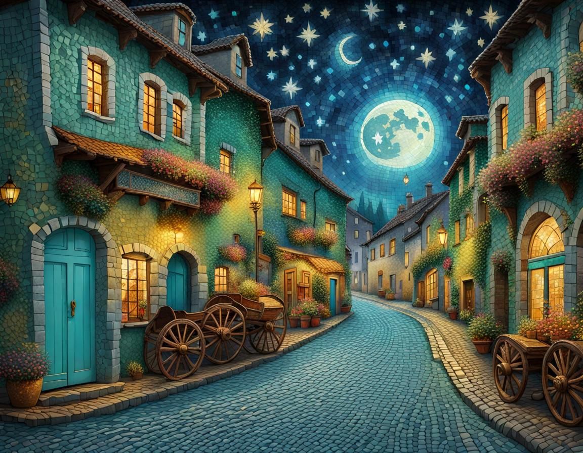 Mosaic Night Street in European Village
