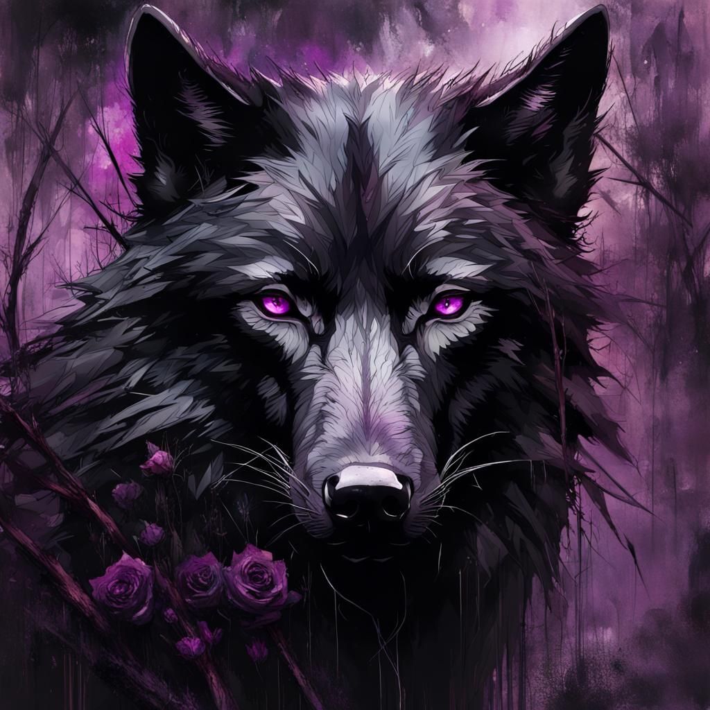Majestic Black Wolf Portrait with Purple Eyes