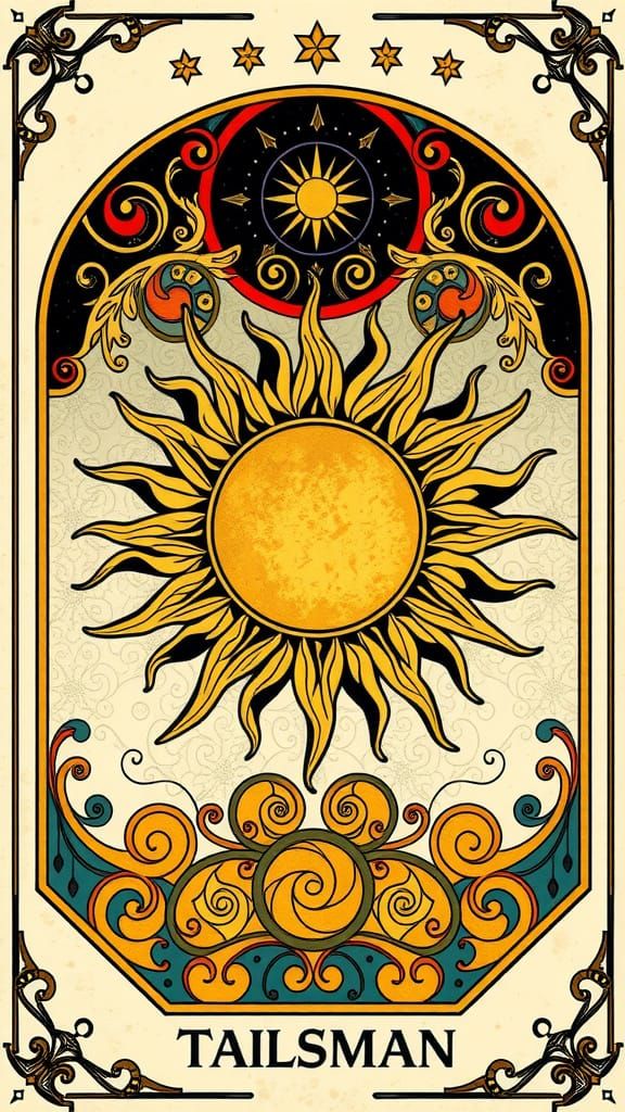 Golden Rising Sun Talisman in Art Nouveau Style