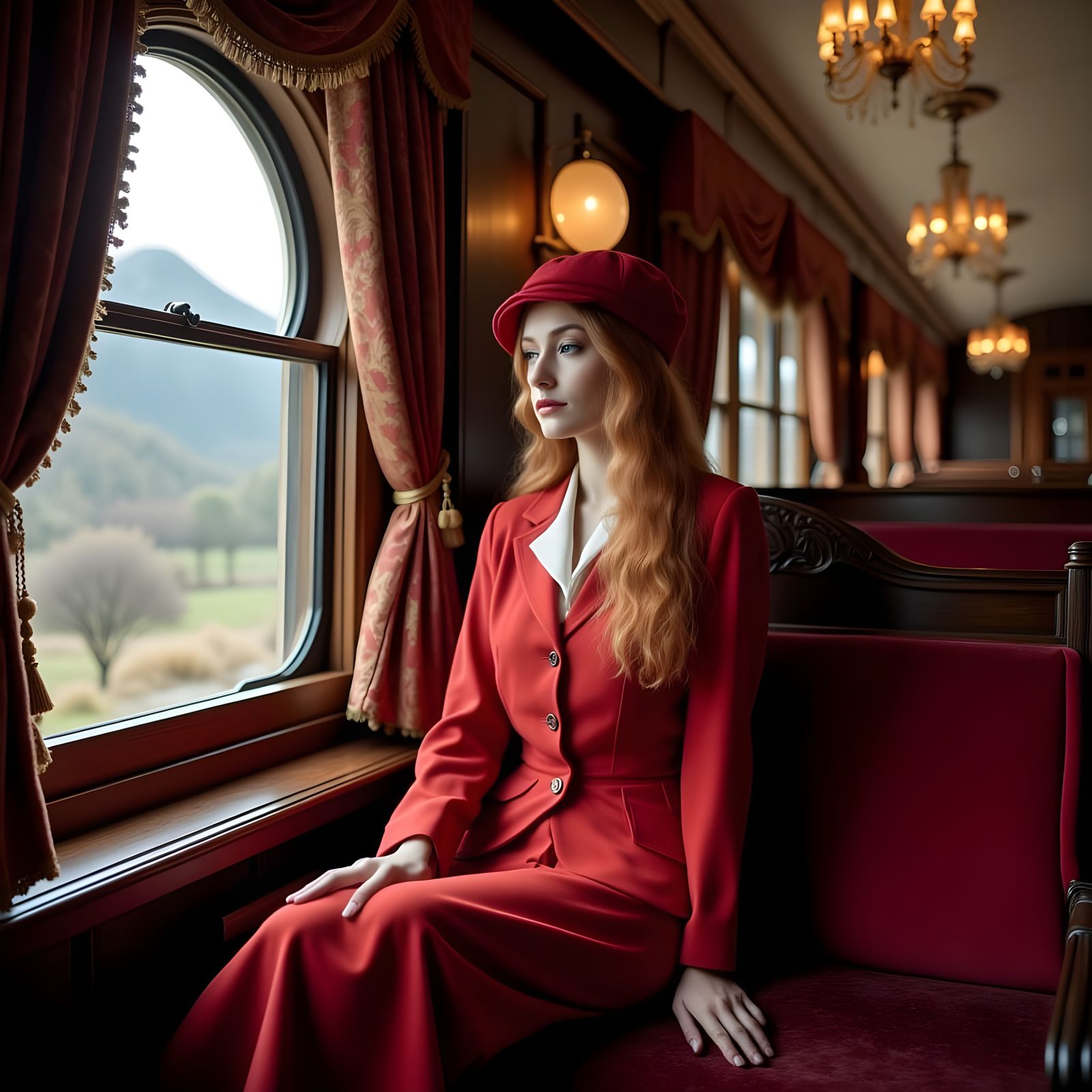 Redhead on Luxurious Scottish Train, 1930s Style