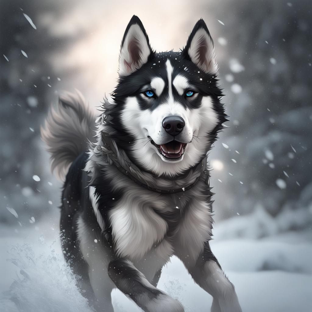Husky Playing in Snow, Monochrome Portrait