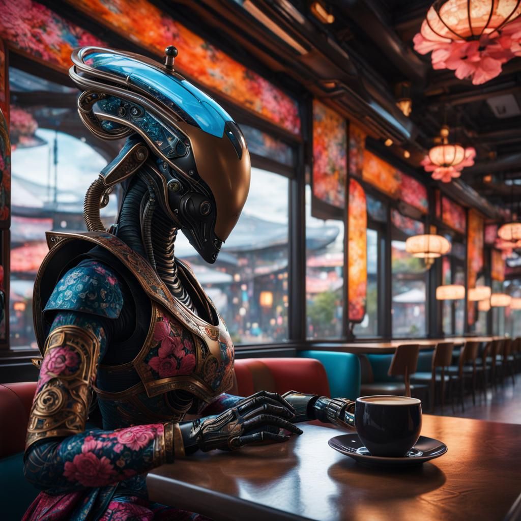 Cyberpunk Robot Xenomorph Enjoying Coffee