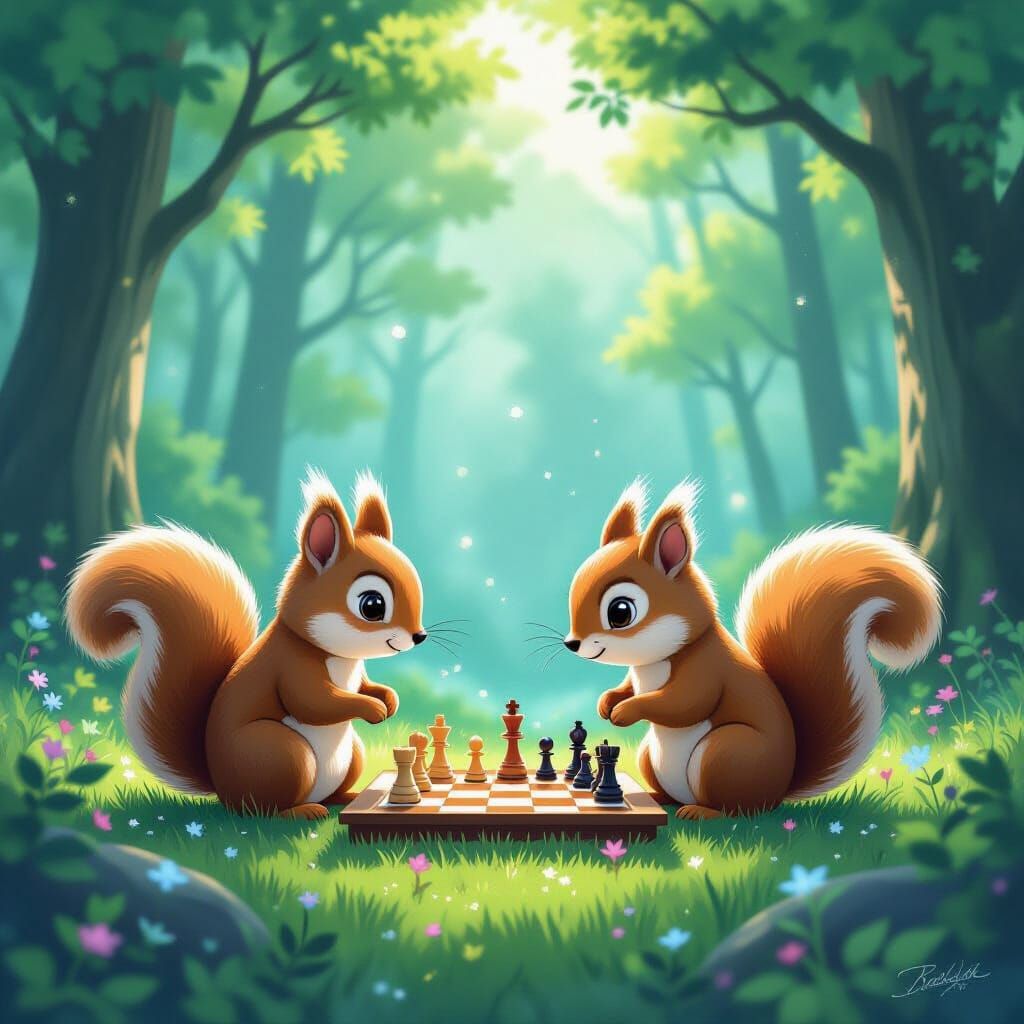 Squirrels Play Chess in Bioluminescent Forest Clearing